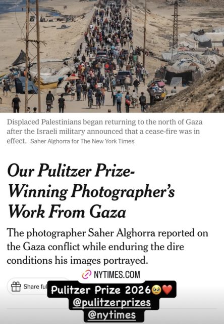 PulizerPrice 2026 Saher Alghorra Gaza